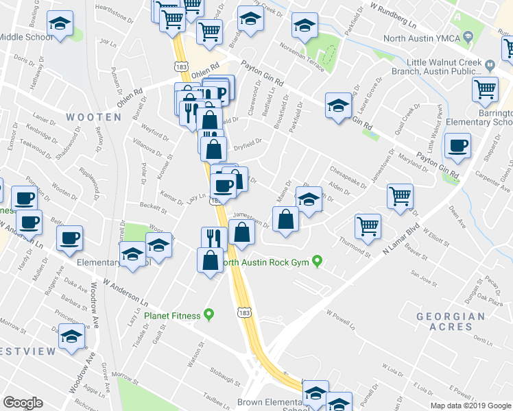 map of restaurants, bars, coffee shops, grocery stores, and more near 8400 Jamestown Drive in Austin