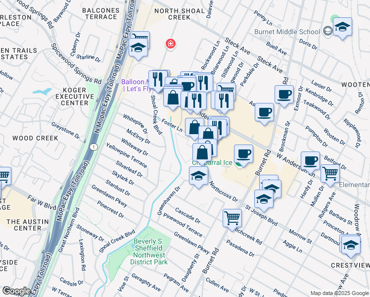 map of restaurants, bars, coffee shops, grocery stores, and more near 2819 Foster Lane in Austin