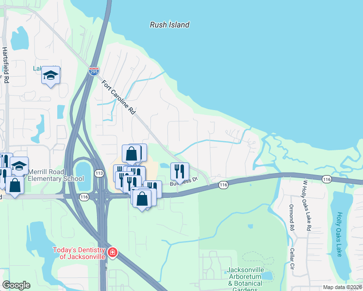 map of restaurants, bars, coffee shops, grocery stores, and more near 2132 Broadwater Drive in Jacksonville