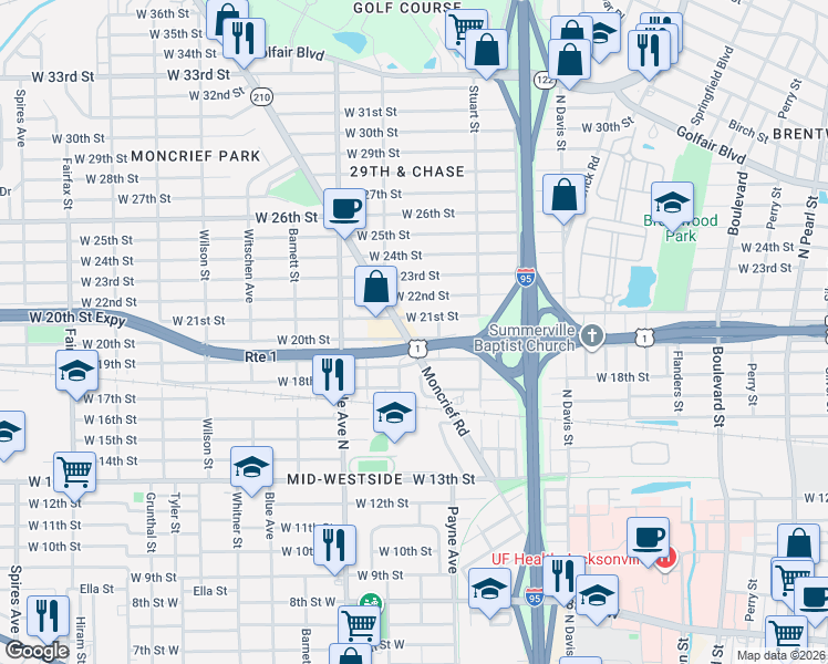 map of restaurants, bars, coffee shops, grocery stores, and more near 1195 West 21st Street in Jacksonville