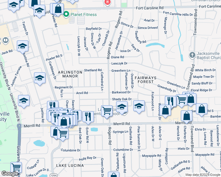 map of restaurants, bars, coffee shops, grocery stores, and more near 3137 Rogero Road in Jacksonville