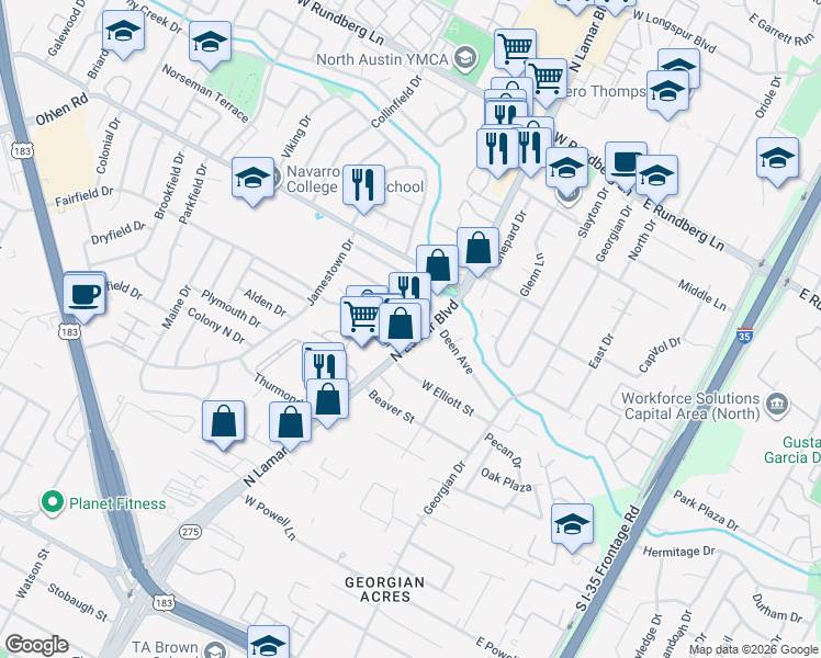 map of restaurants, bars, coffee shops, grocery stores, and more near 8728 North Lamar Boulevard in Austin