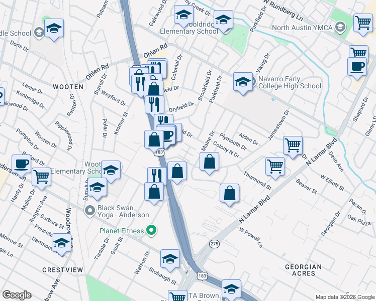 map of restaurants, bars, coffee shops, grocery stores, and more near 8400 Jamestown Drive in Austin