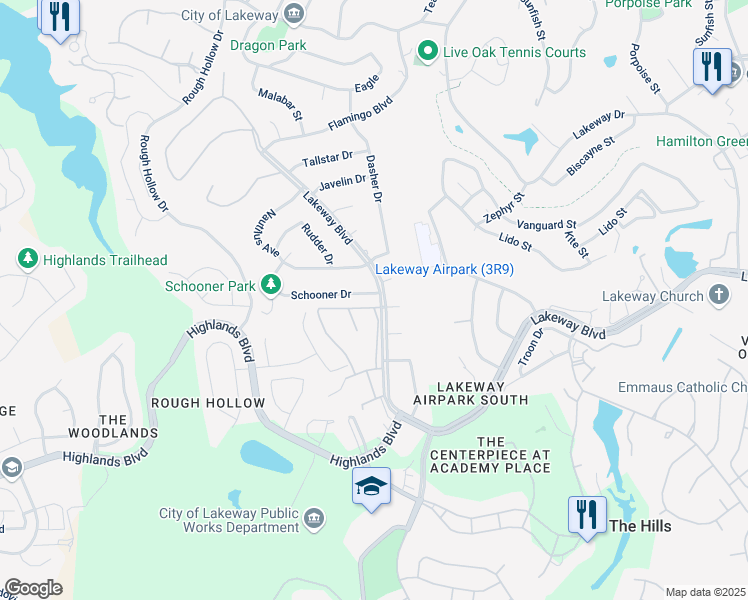 map of restaurants, bars, coffee shops, grocery stores, and more near 3501 Lakeway Boulevard in Austin