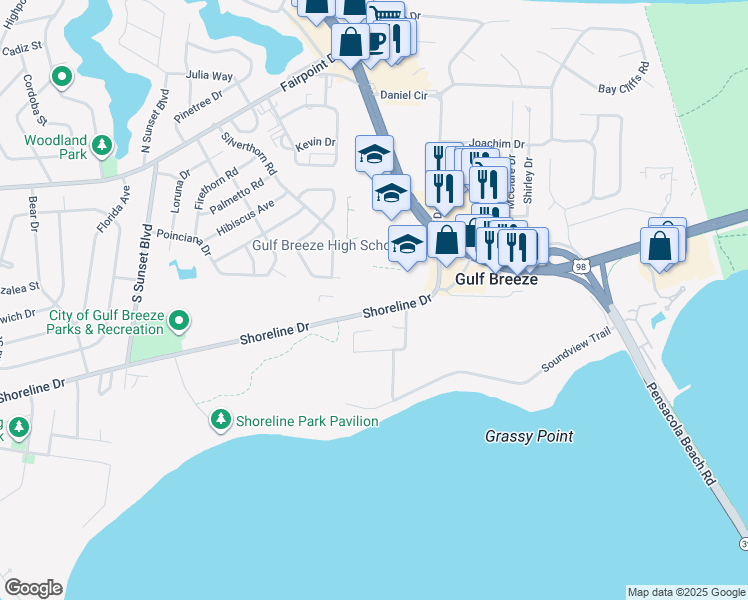map of restaurants, bars, coffee shops, grocery stores, and more near 1100 Shoreline Drive in Gulf Breeze