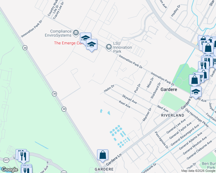 map of restaurants, bars, coffee shops, grocery stores, and more near 2020 Helm Drive in Baton Rouge
