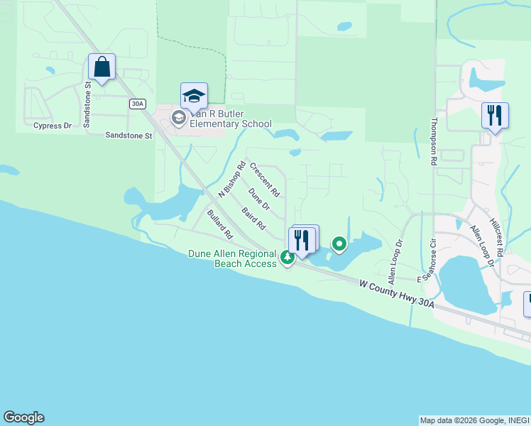 map of restaurants, bars, coffee shops, grocery stores, and more near 73 Dune Drive in Santa Rosa Beach