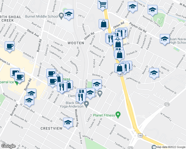 map of restaurants, bars, coffee shops, grocery stores, and more near Beckett St & Polar Dr in Austin