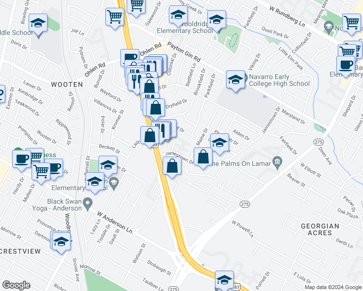 map of restaurants, bars, coffee shops, grocery stores, and more near 8400 Jamestown Drive in Austin