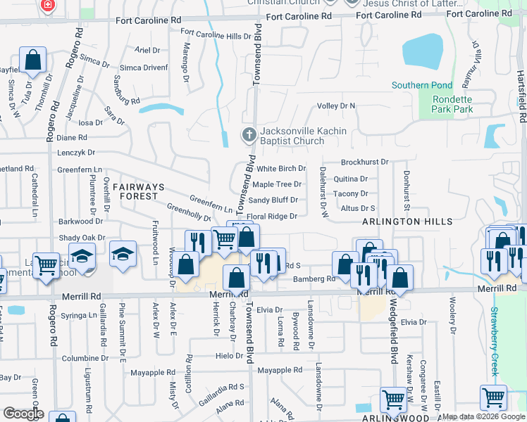 map of restaurants, bars, coffee shops, grocery stores, and more near 7269 Sandy Bluff Drive in Jacksonville