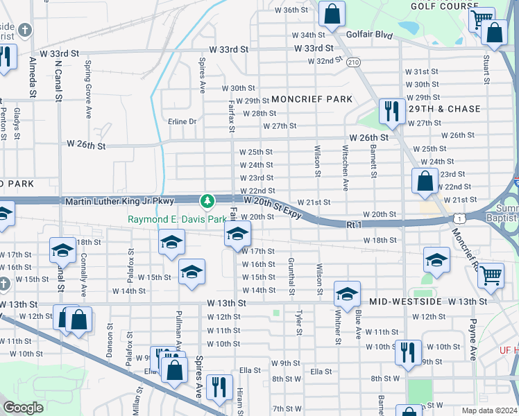 map of restaurants, bars, coffee shops, grocery stores, and more near 1738 21st Street West in Jacksonville