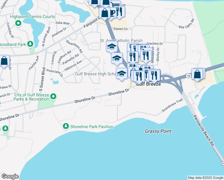 map of restaurants, bars, coffee shops, grocery stores, and more near 1100 Shoreline Drive in Gulf Breeze