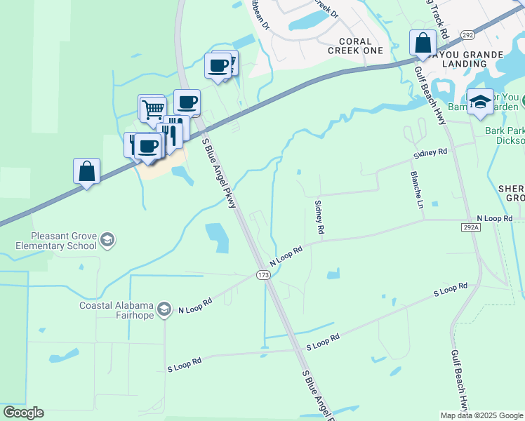 map of restaurants, bars, coffee shops, grocery stores, and more near 9890 North Loop Road in Pensacola