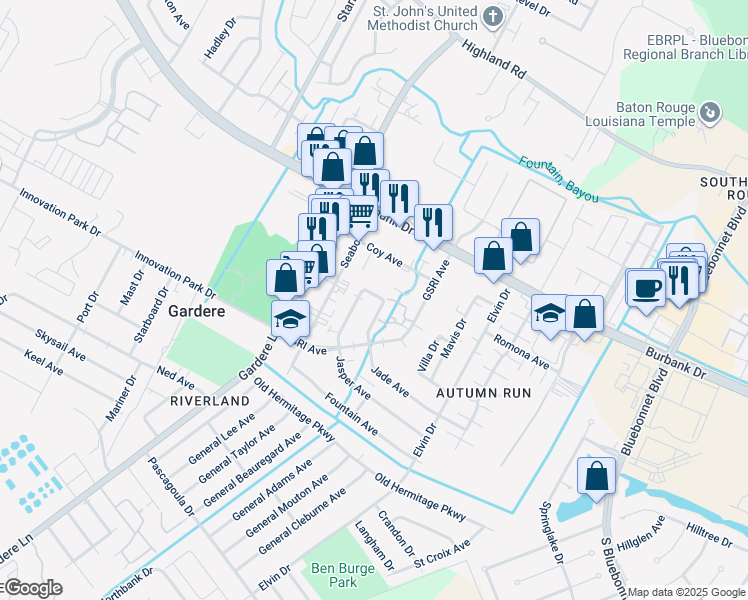 map of restaurants, bars, coffee shops, grocery stores, and more near 1312 Jasper Avenue in Baton Rouge