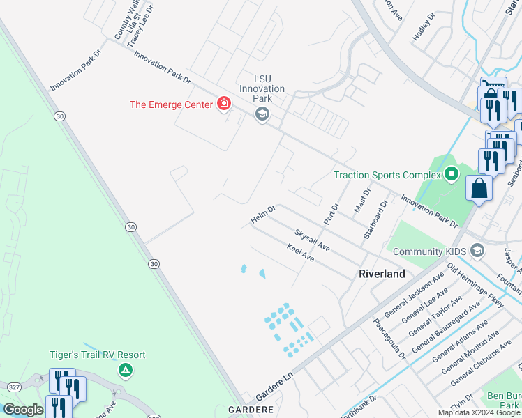 map of restaurants, bars, coffee shops, grocery stores, and more near 2020 Helm Drive in Baton Rouge