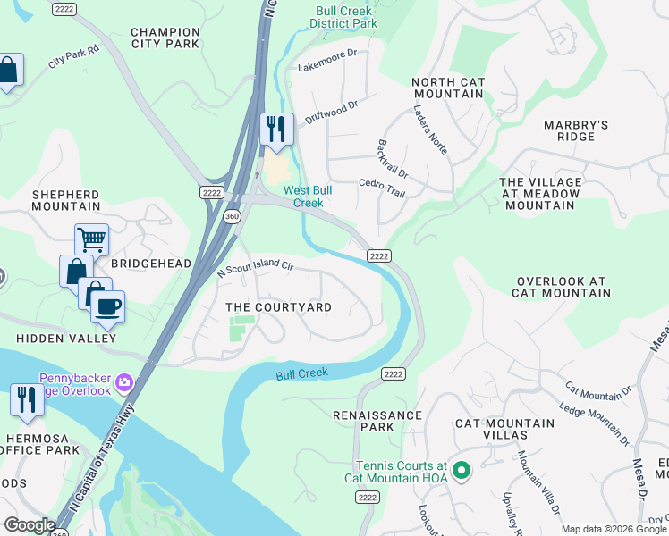 map of restaurants, bars, coffee shops, grocery stores, and more near 5408 North Scout Island Circle in Austin