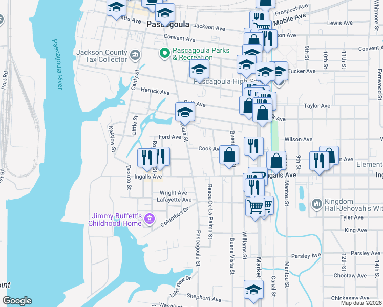 map of restaurants, bars, coffee shops, grocery stores, and more near 2102 Pascagoula St in Pascagoula