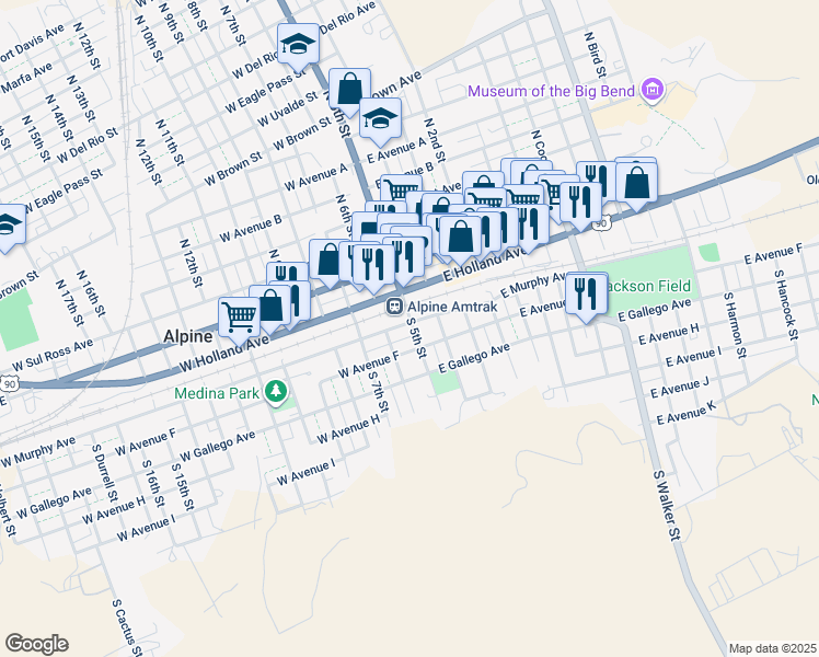 map of restaurants, bars, coffee shops, grocery stores, and more near 101-199 E Murphy Ave in Alpine