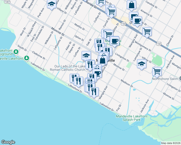 map of restaurants, bars, coffee shops, grocery stores, and more near 301 Lafitte Street in Mandeville