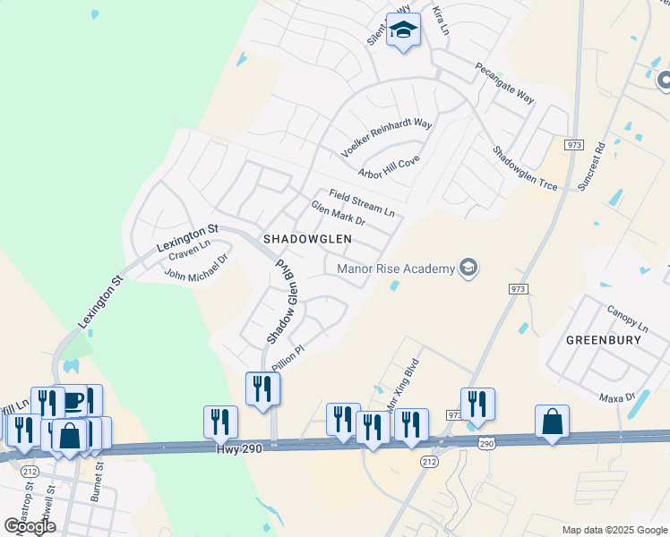 map of restaurants, bars, coffee shops, grocery stores, and more near 13709 Tercel Trace in Manor