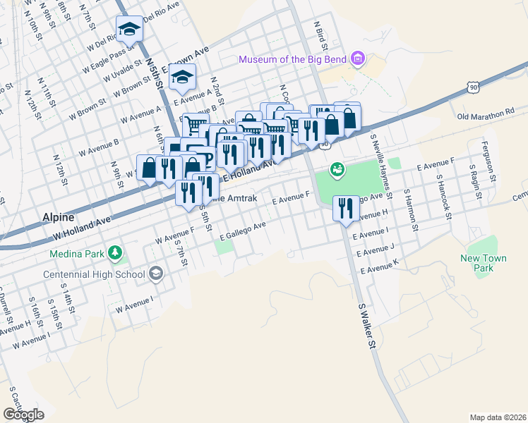 map of restaurants, bars, coffee shops, grocery stores, and more near 206 South 2nd Street in Alpine