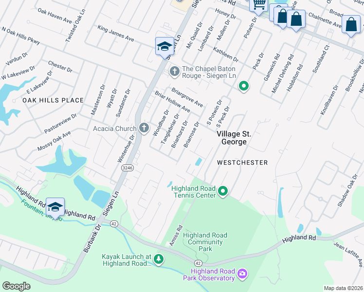 map of restaurants, bars, coffee shops, grocery stores, and more near 1136 Briarrose Drive in Baton Rouge