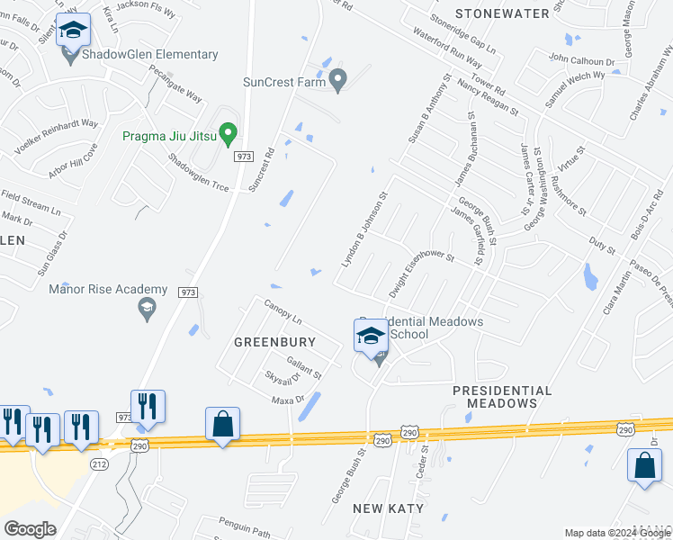 map of restaurants, bars, coffee shops, grocery stores, and more near 13516 Lyndon B Johnson Street in Manor