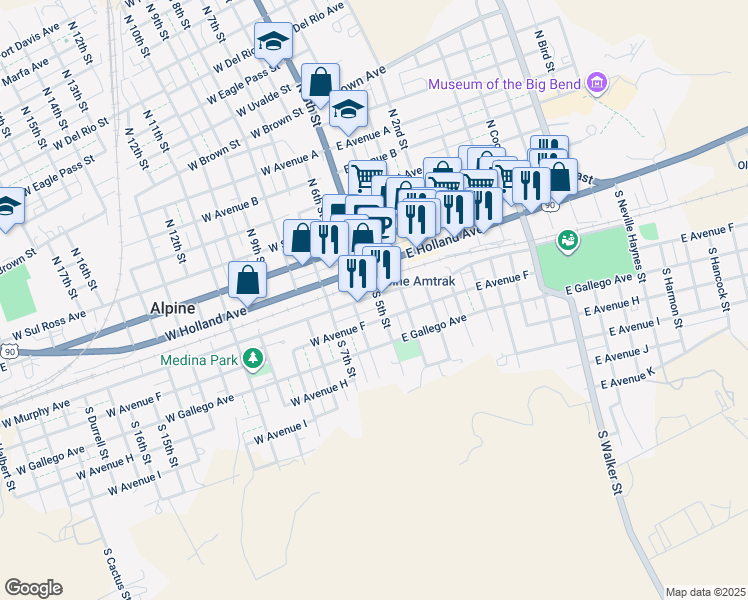map of restaurants, bars, coffee shops, grocery stores, and more near 199 E Murphy Ave in Alpine