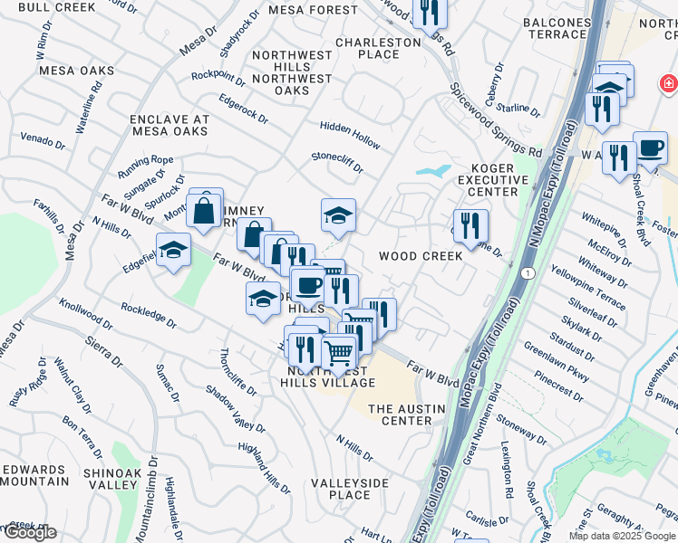 map of restaurants, bars, coffee shops, grocery stores, and more near 7205 Hart Lane in Austin
