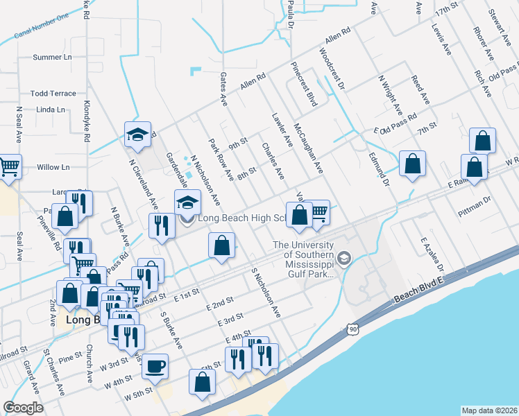 map of restaurants, bars, coffee shops, grocery stores, and more near 600 East Old Pass Road in Long Beach