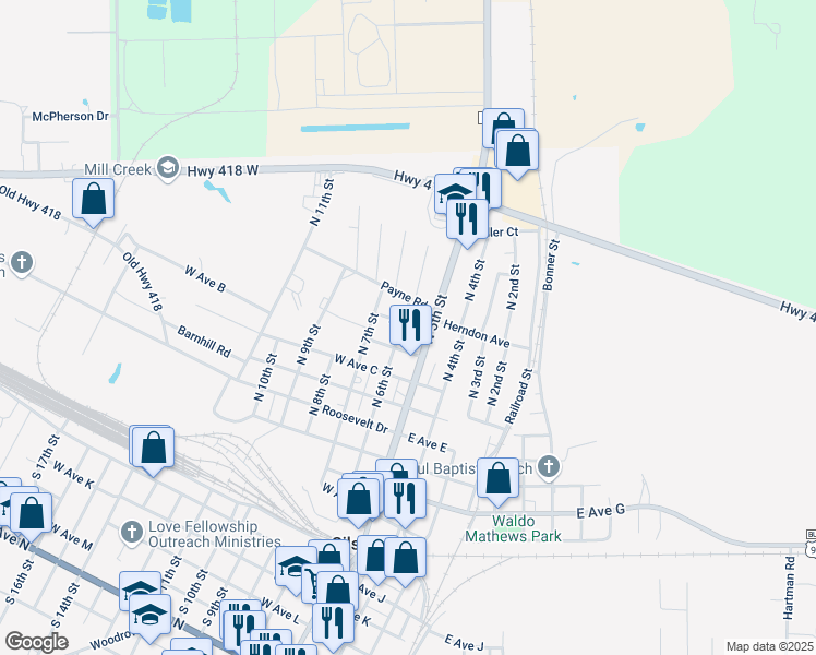 map of restaurants, bars, coffee shops, grocery stores, and more near 1040 North 6th Street in Silsbee