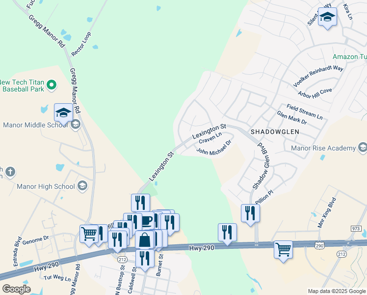 map of restaurants, bars, coffee shops, grocery stores, and more near 13108 Craven Lane in Manor