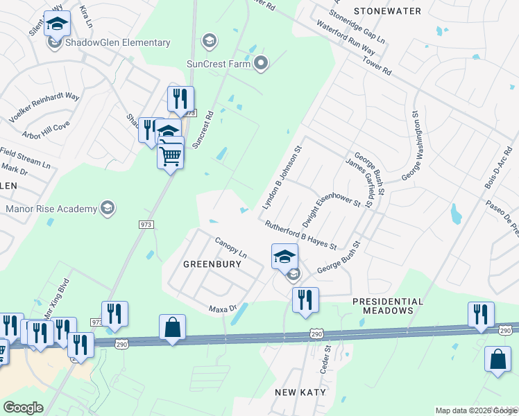 map of restaurants, bars, coffee shops, grocery stores, and more near 13520 Lyndon B Johnson Street in Manor
