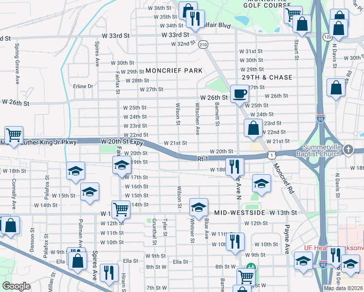 map of restaurants, bars, coffee shops, grocery stores, and more near 1533 West 21st Street in Jacksonville