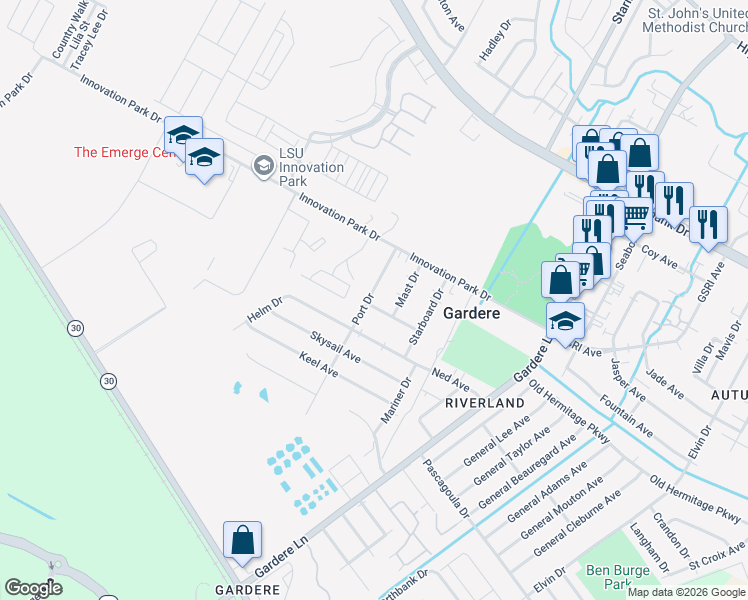 map of restaurants, bars, coffee shops, grocery stores, and more near 1767 Port Drive in Baton Rouge