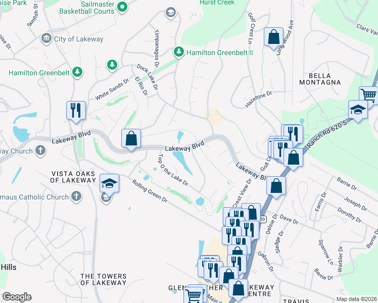 map of restaurants, bars, coffee shops, grocery stores, and more near 1818 Lakeway Boulevard in Lakeway