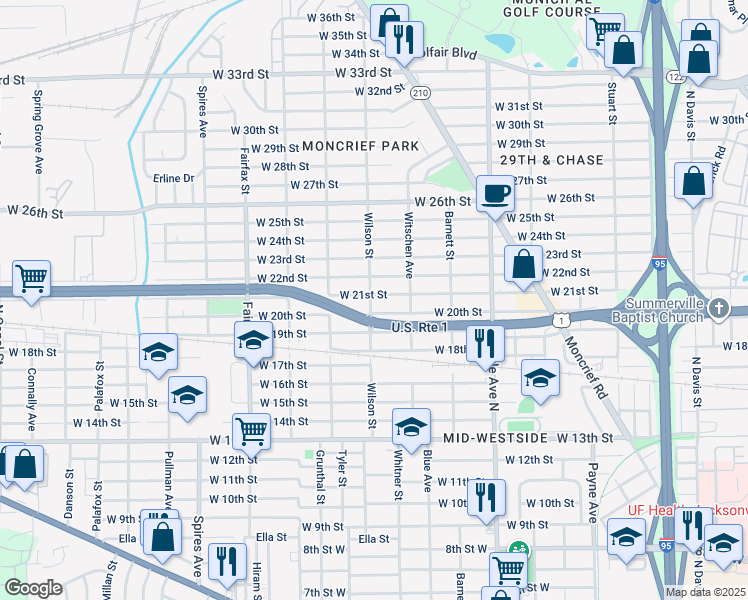 map of restaurants, bars, coffee shops, grocery stores, and more near 1533 West 21st Street in Jacksonville