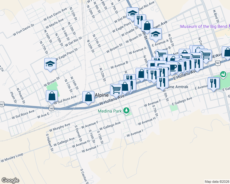 map of restaurants, bars, coffee shops, grocery stores, and more near 201-299 North 11th Street in Alpine