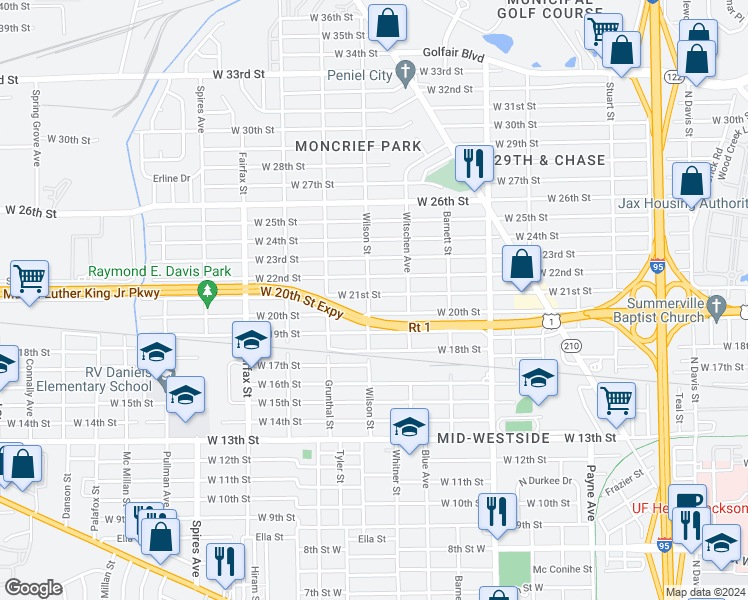 map of restaurants, bars, coffee shops, grocery stores, and more near 1533 West 21st Street in Jacksonville