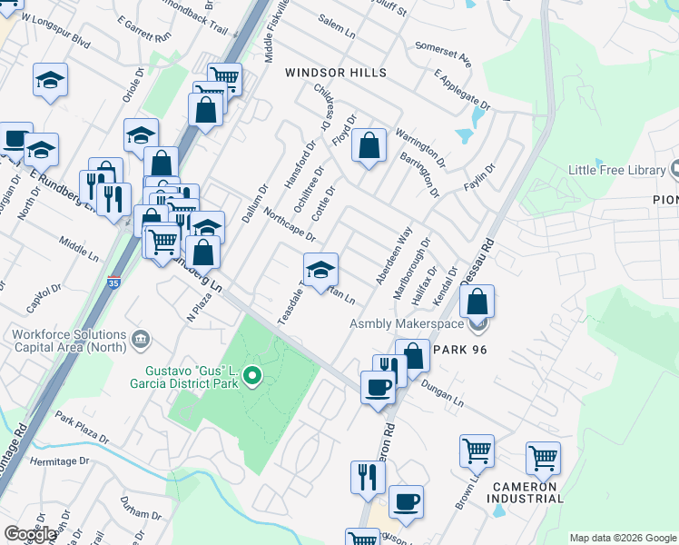 map of restaurants, bars, coffee shops, grocery stores, and more near 9630a Point Vista Place in Austin