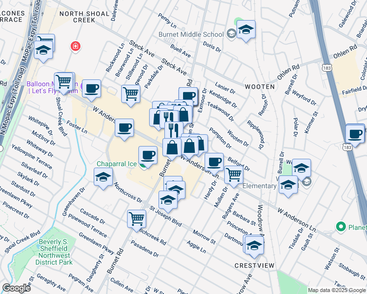 map of restaurants, bars, coffee shops, grocery stores, and more near 7917 Brockman Street in Austin