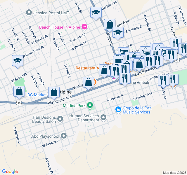 map of restaurants, bars, coffee shops, grocery stores, and more near 500 West Avenue East in Alpine