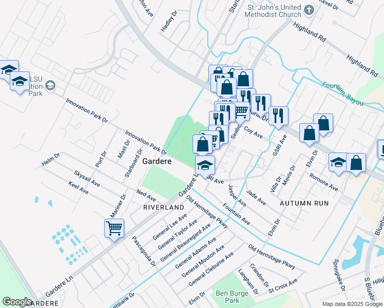 map of restaurants, bars, coffee shops, grocery stores, and more near 1430 Gardere Lane in Baton Rouge