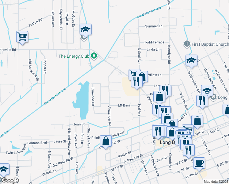map of restaurants, bars, coffee shops, grocery stores, and more near 400 Alexander Road in Long Beach