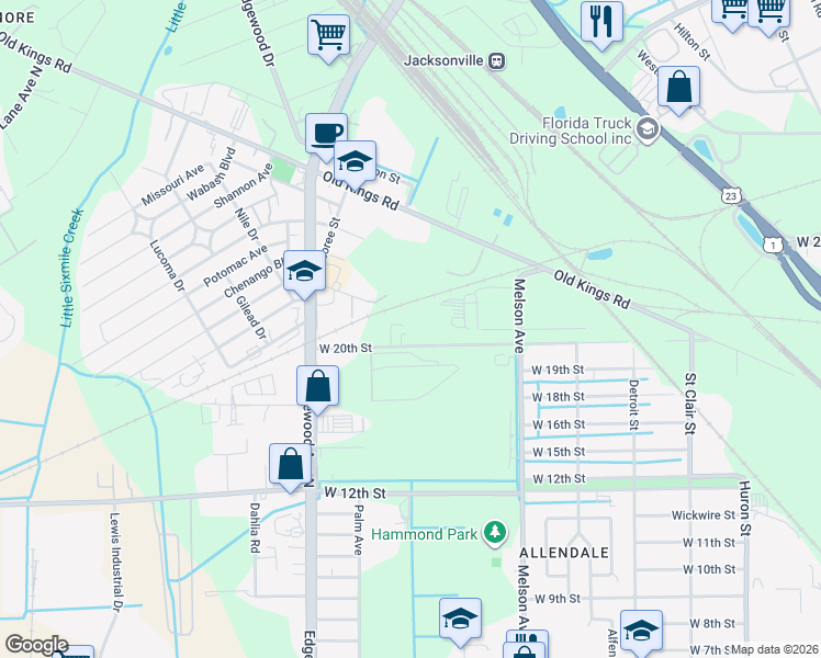 map of restaurants, bars, coffee shops, grocery stores, and more near 3333 West 20th Street in Jacksonville