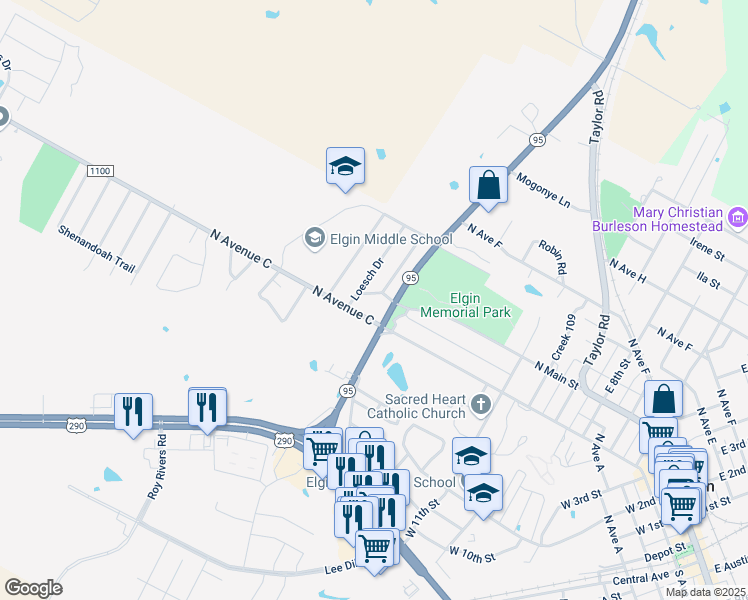 map of restaurants, bars, coffee shops, grocery stores, and more near 205 Loesch Drive in Elgin