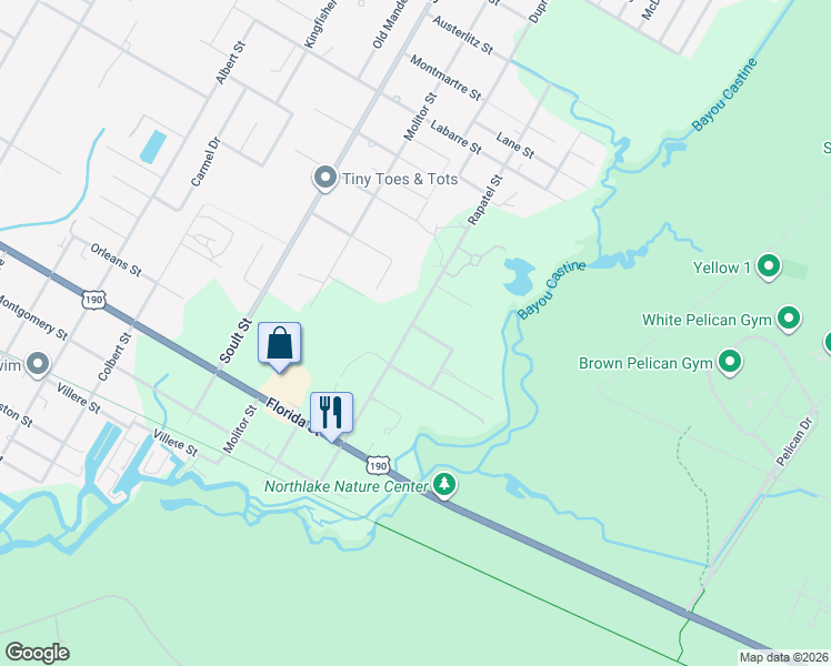 map of restaurants, bars, coffee shops, grocery stores, and more near 1180 Rapatel Street in Mandeville