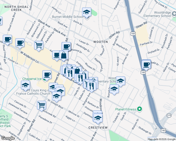 map of restaurants, bars, coffee shops, grocery stores, and more near 1906 Wooten Drive in Austin