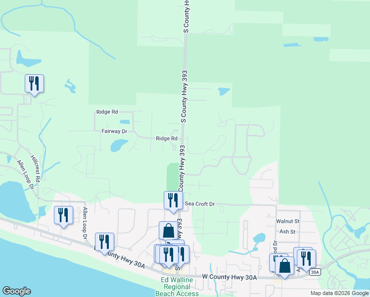 map of restaurants, bars, coffee shops, grocery stores, and more near 10 Ridgewalk Lane in Santa Rosa Beach