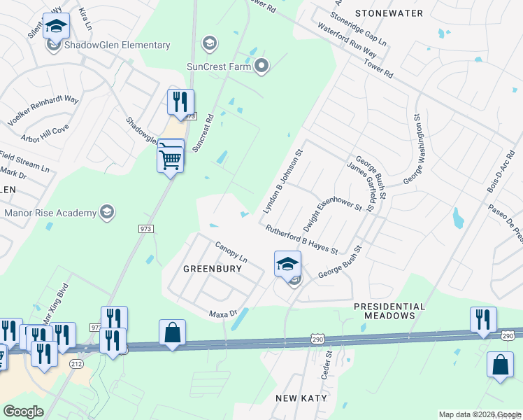 map of restaurants, bars, coffee shops, grocery stores, and more near 13520 Lyndon B Johnson Street in Manor
